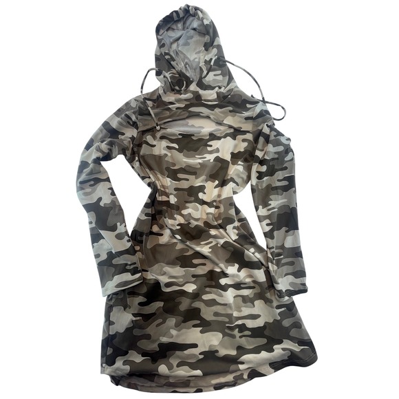 Almost Famous Dresses & Skirts - Almost Famous XL Camo Hoodie Dress Gray White Long Sleeve Drawstring Casual